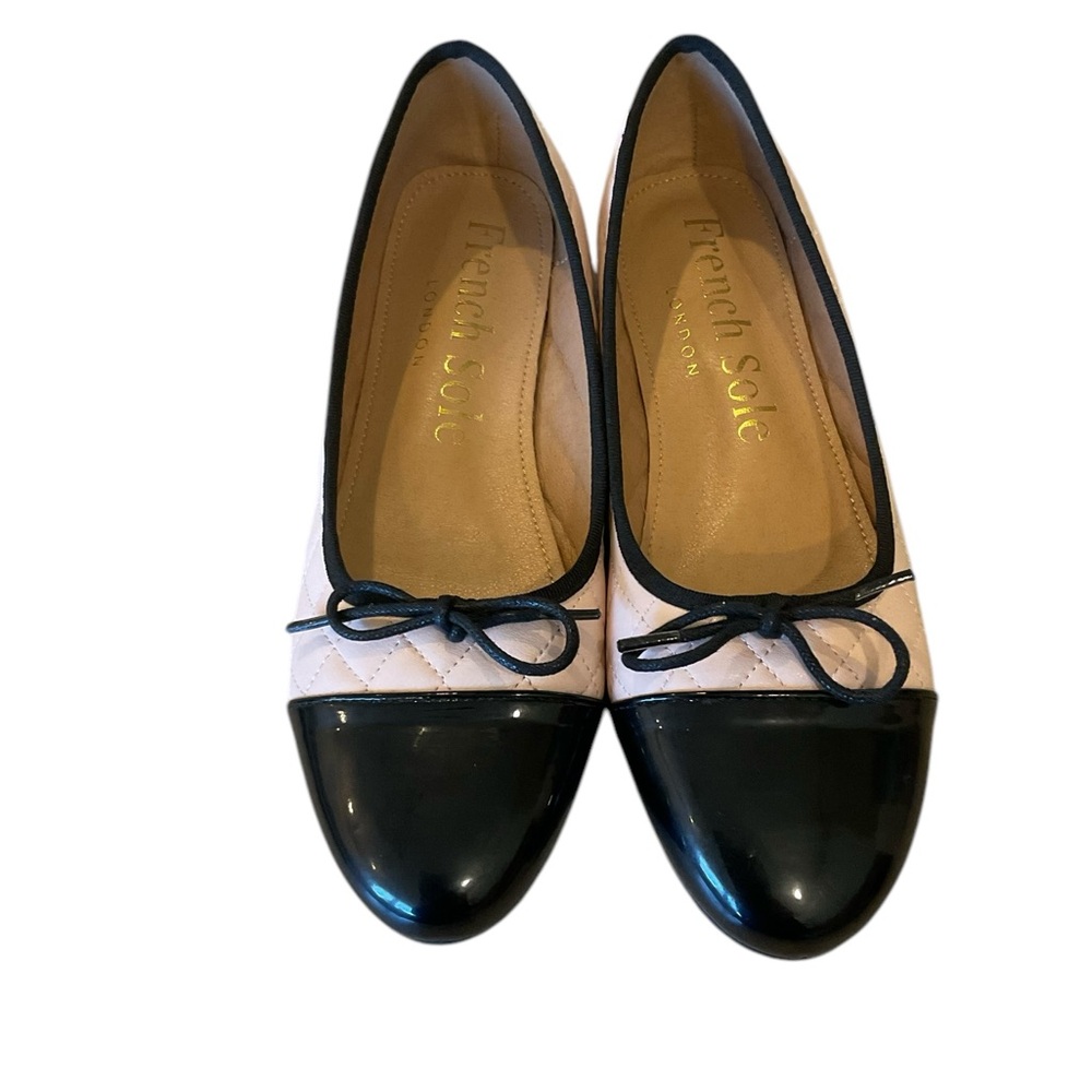 French Sole Pink and Black Quilted Cap-Toe Ballet Flats